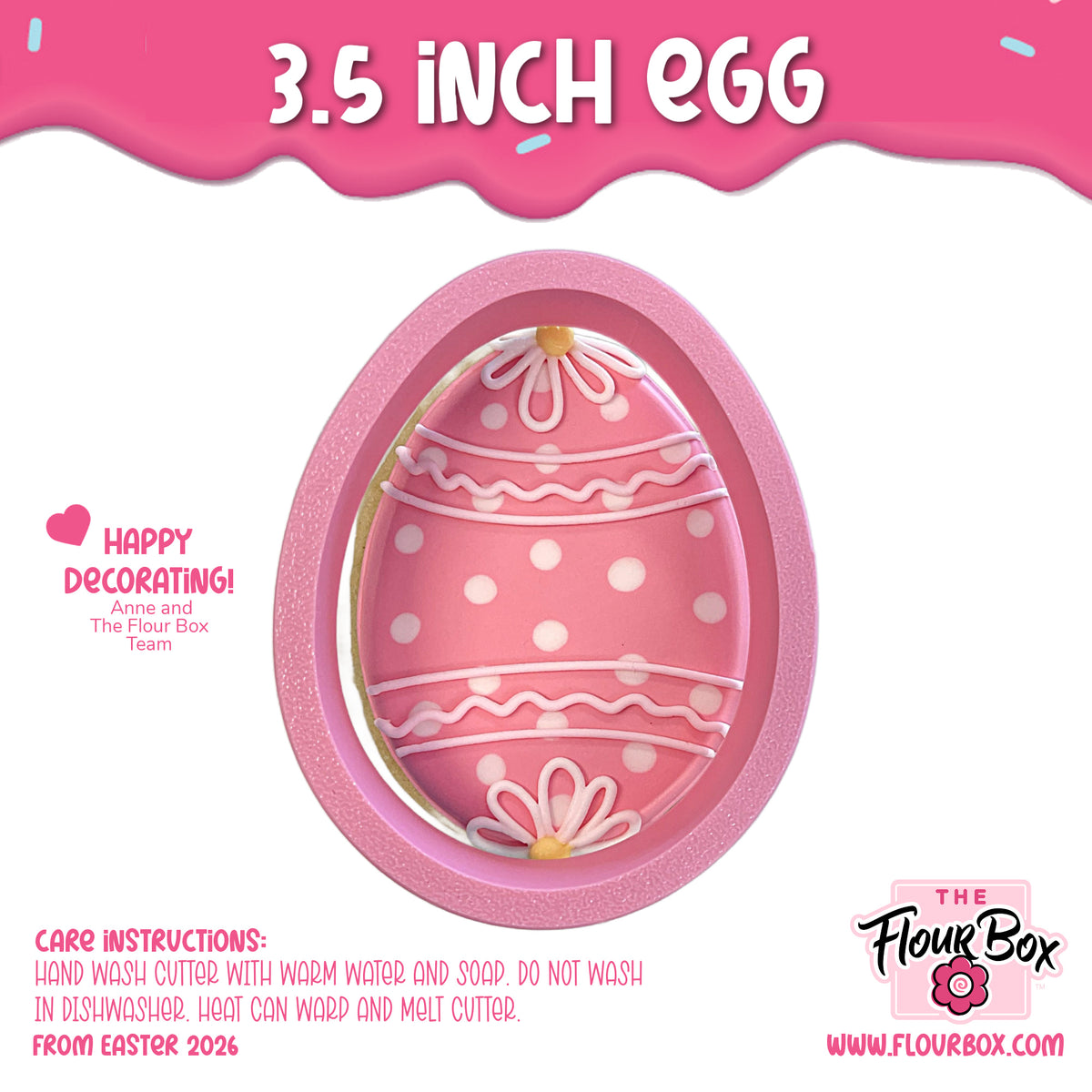 Pink 3.5 inch egg cookie cutter with white icing details and polka dots designed by the flour box for easter decorating