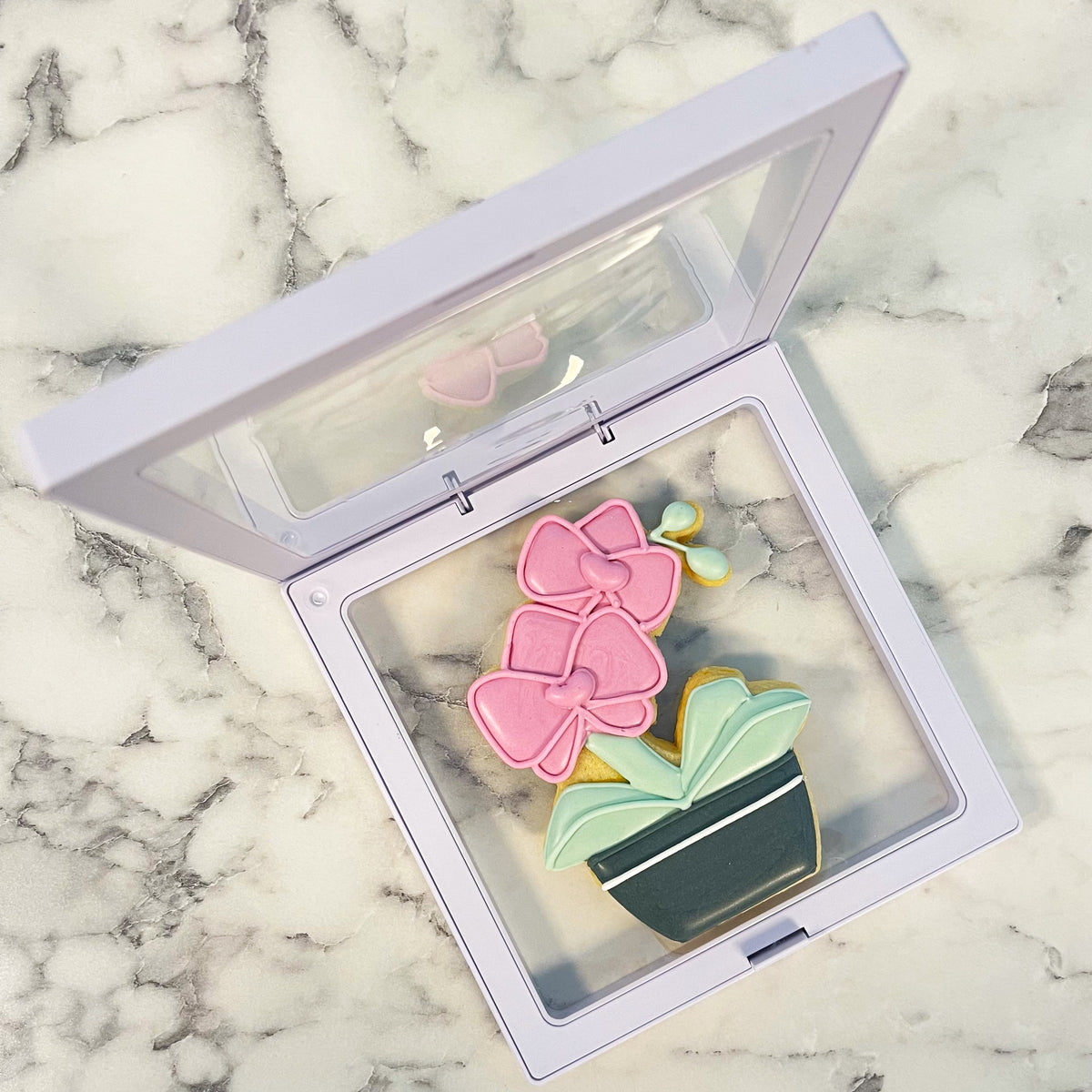 A delicate lavender cookie display classic square frame 5 1/2 inch box with a clear lid showcasing orchid cookies