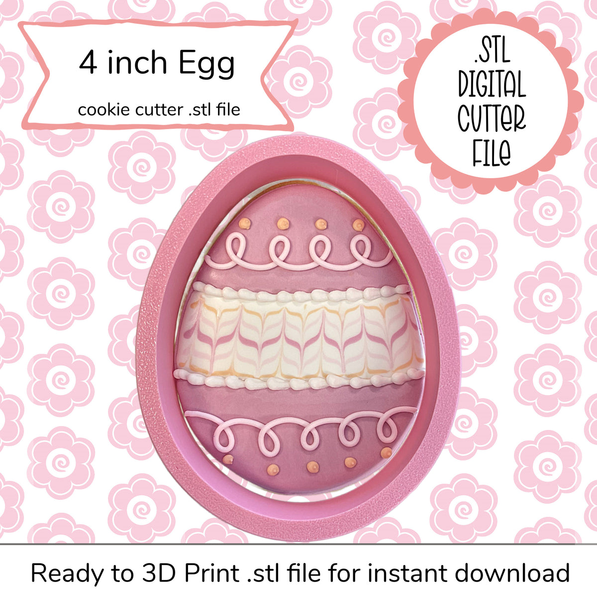 Pink 3d-printable egg-shaped cookie cutter with decorative icing patterns and gold dot accents 4 inch digital file