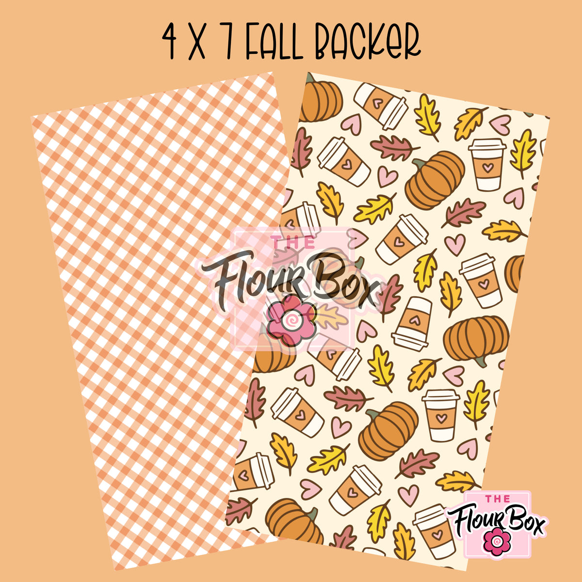 Two 4x7 inch fall cookie box backer papers with peach white gingham and cream pumpkin coffee leaf pattern in orange brown yellow