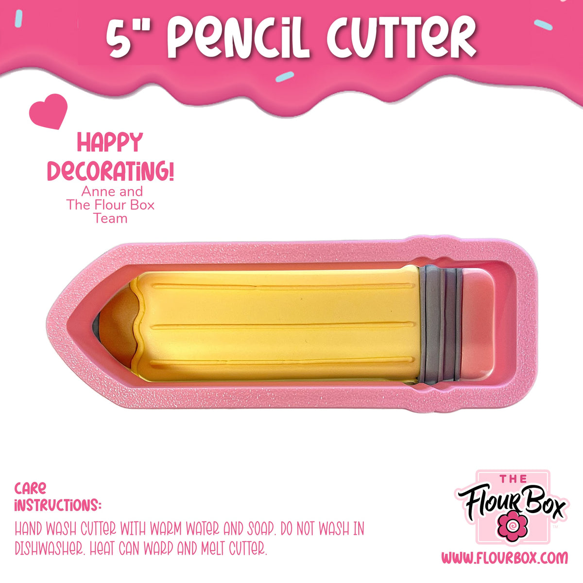 Pink silicone 5 inch pencil cookie cutter shaped like a yellow pencil with a gray eraser for baking use
