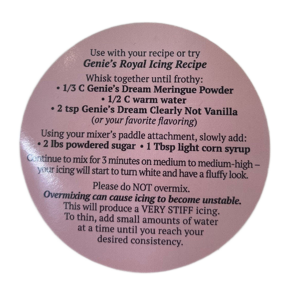 Pink circular label with black text on back of 5lb pouch meringue powder from genies dream showing royal icing instructions