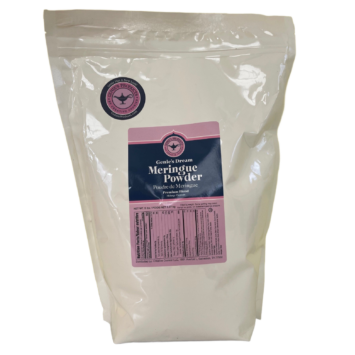 5lb pouch of genies dream gentle meringue powder in a resealable white plastic bag with pink and navy label