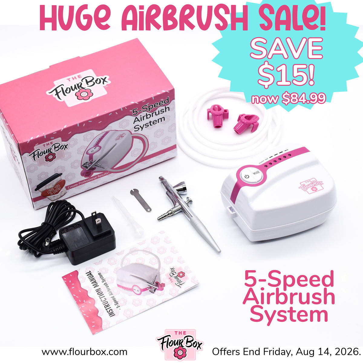 The 5-speed flour box airbrush system features a sleek white and pink design with a compact compressor and silver nozzle