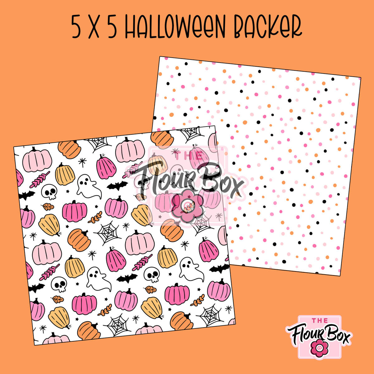 Halloween cookie box backer 5x5 square with pink and orange pumpkins ghosts bats skulls and spiderwebs on white background