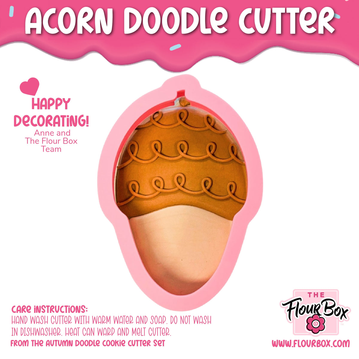 Pink silicone acorn doodle cookie cutter with brown scalloped top for baking and crafting fun acorn-shaped treats