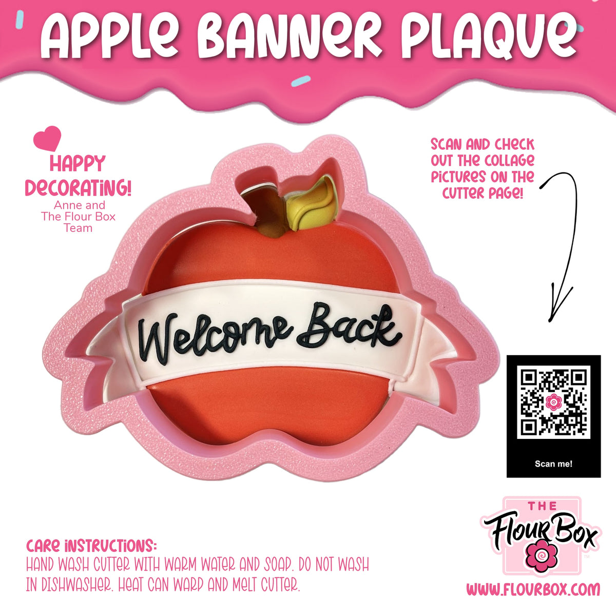 Pink apple banner plaque cookie cutter with white ribbon and welcome back text in black cursive lettering