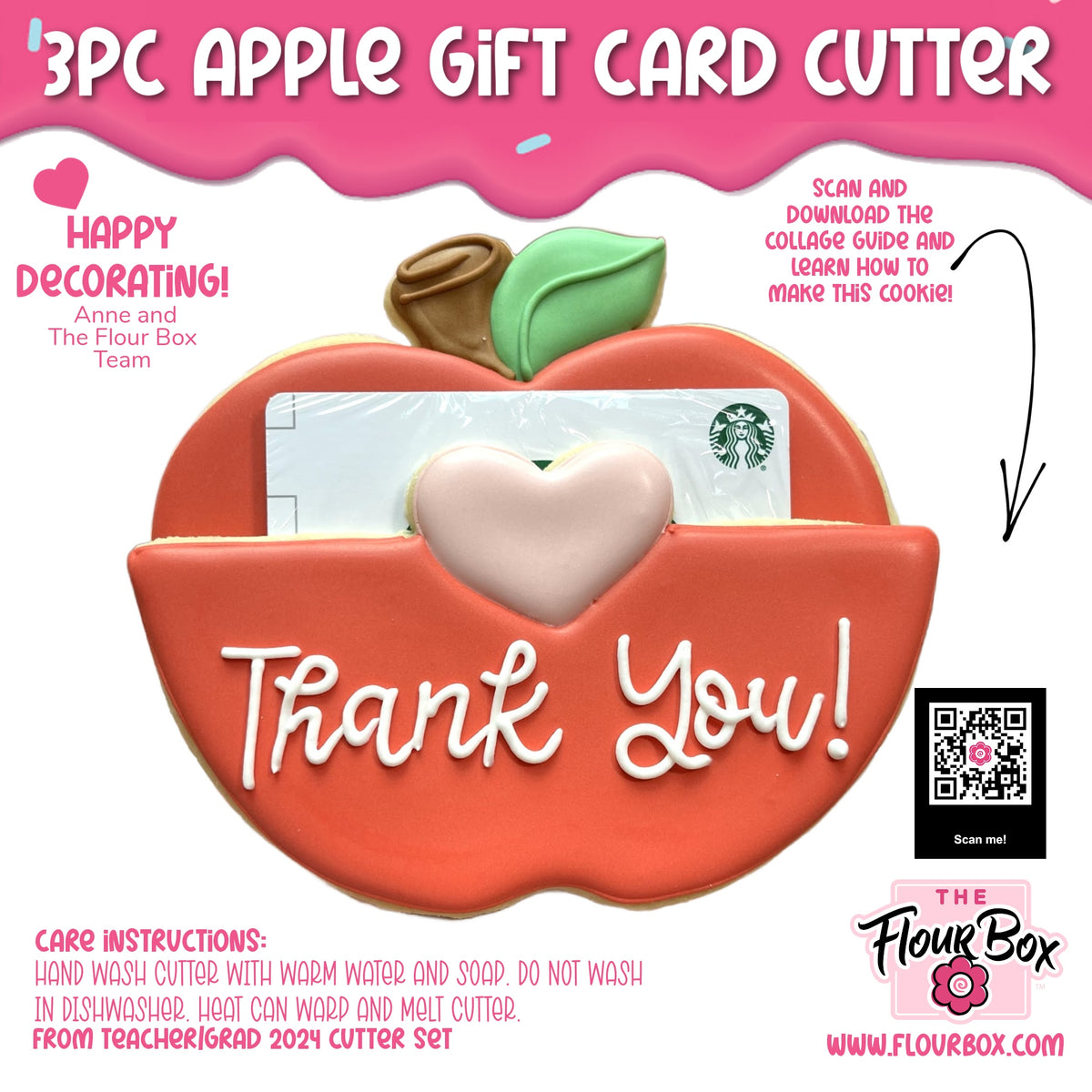 Red apple-shaped gift card holder cookie cutter with green leaf brown stem and thank you icing detail