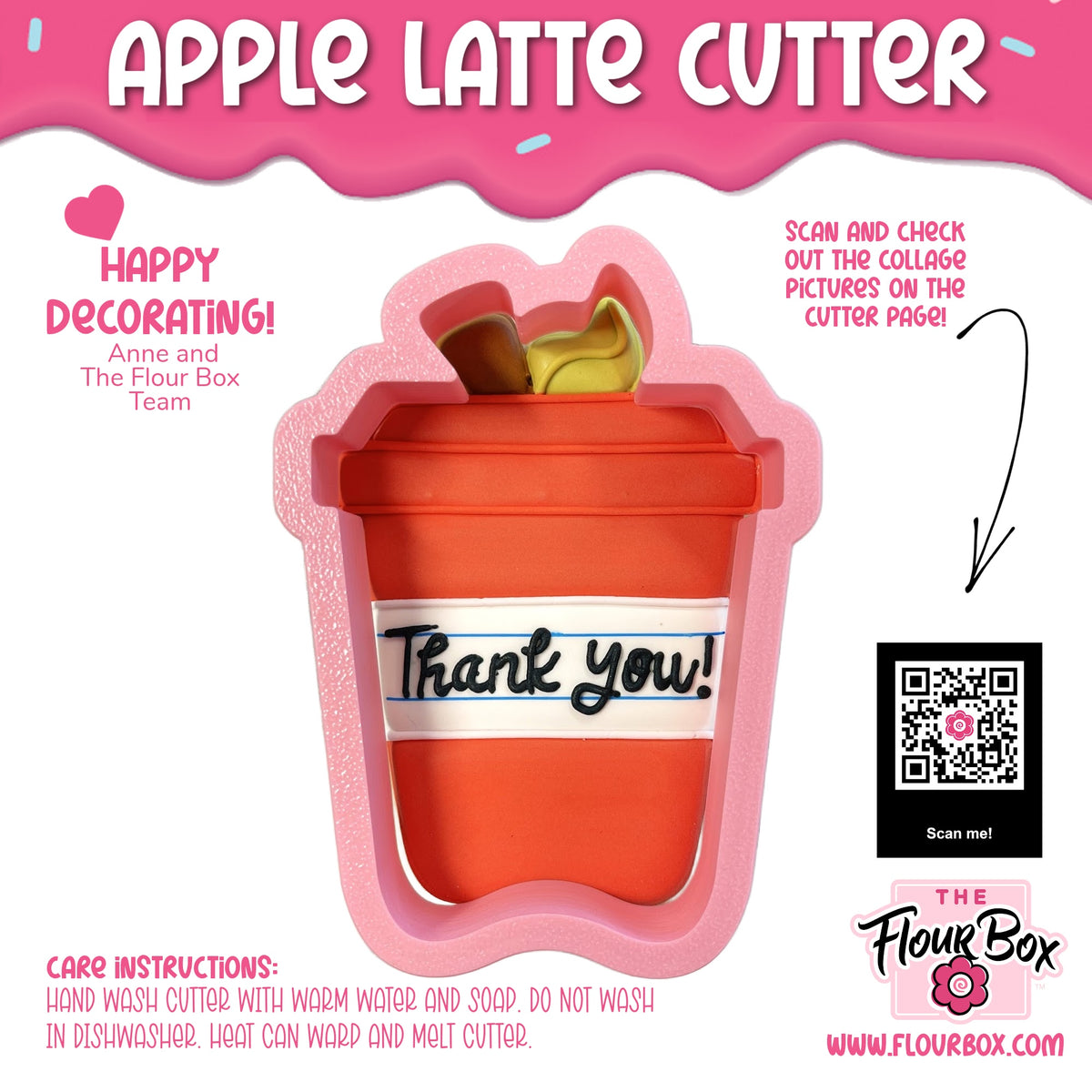 Orange silicone apple latte cookie cutter shaped like coffee cup with thank you label and fondant decorations