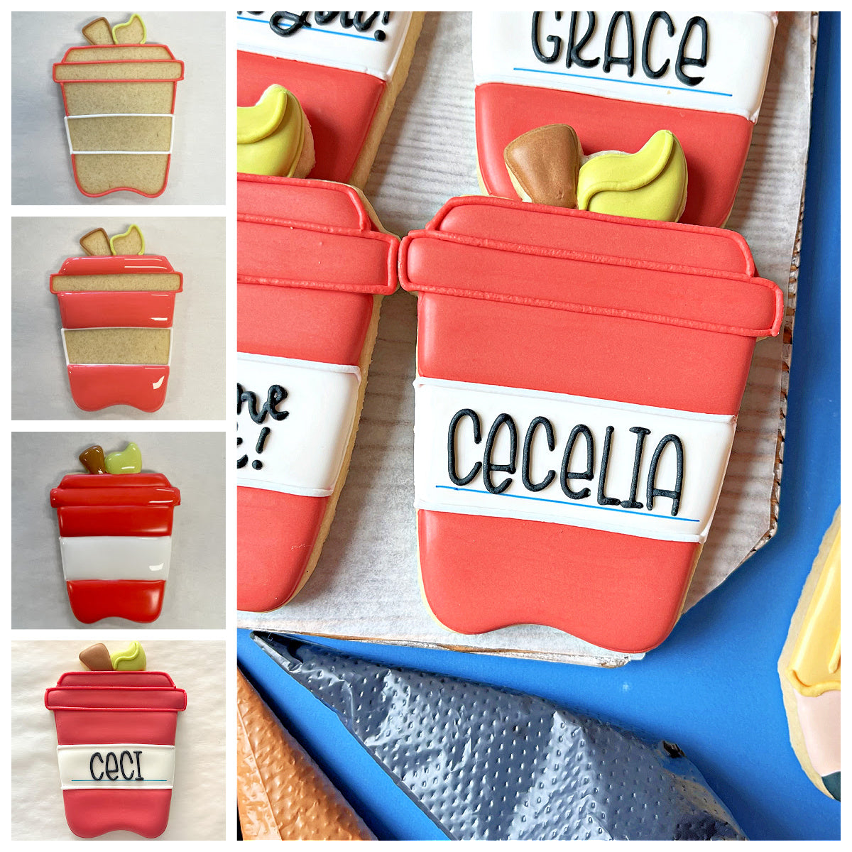 Red and white frosted sugar cookie shaped like a coffee cup with banana and chocolate chip decorations made using apple latte cookie cutter