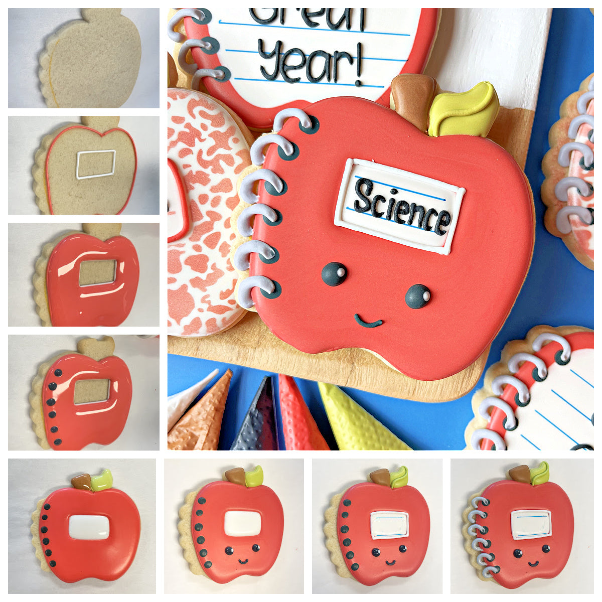 A red apple-shaped cookie decorated with white icing to look like a science notebook featuring black eyes and silver binding details