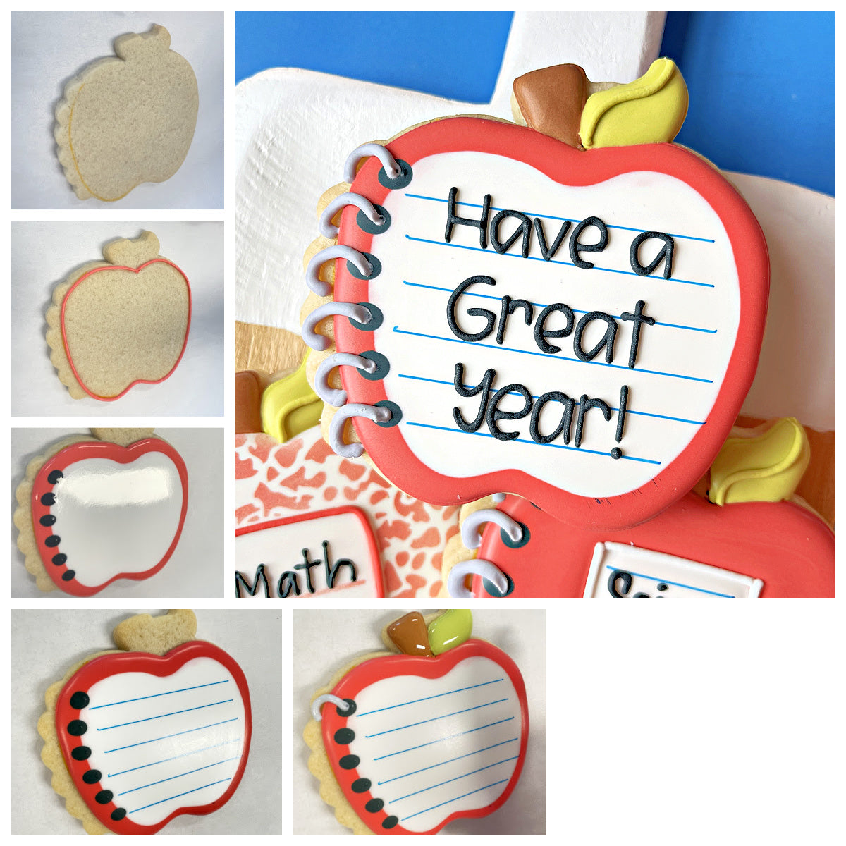 Red apple-shaped cookie decorated with white icing blue lines and message made using apple notebook cookie cutter