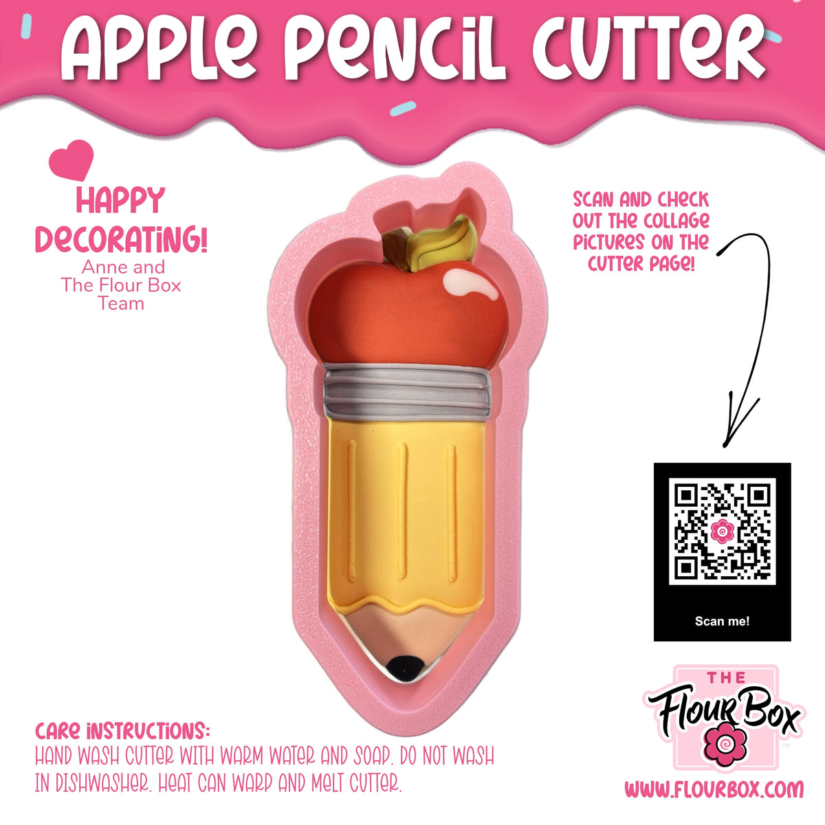 Pink silicone apple pencil cookie cutter with yellow and red design for crafting apple-shaped treats or crafts