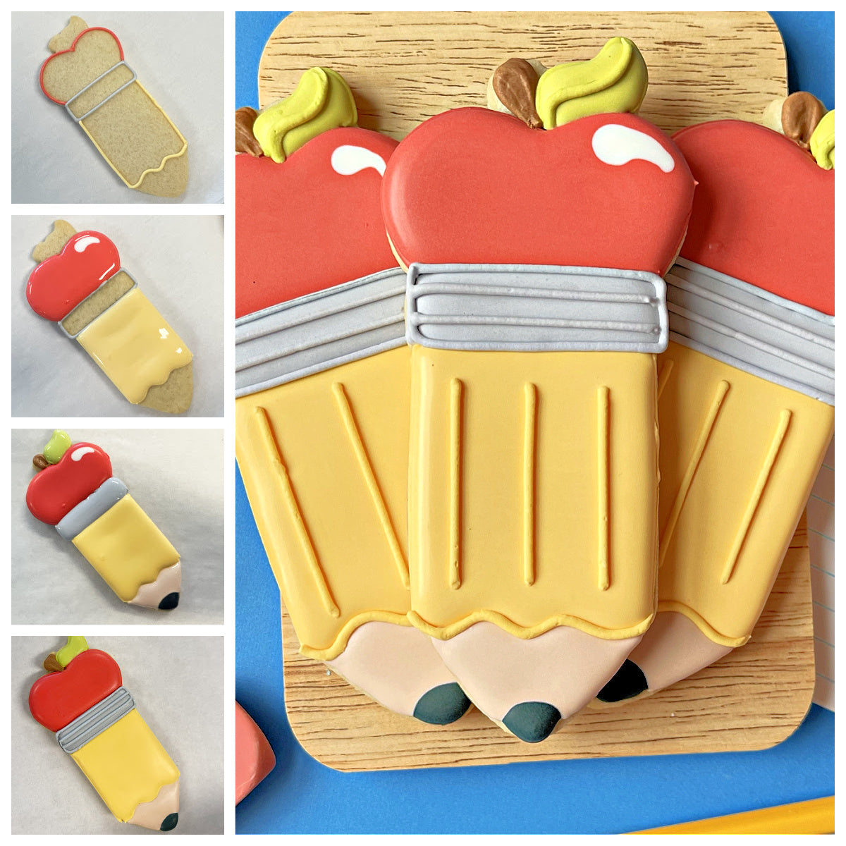 Apple pencil cookie cutter shaped cookies in red and yellow with detailed icing and gray eraser bands