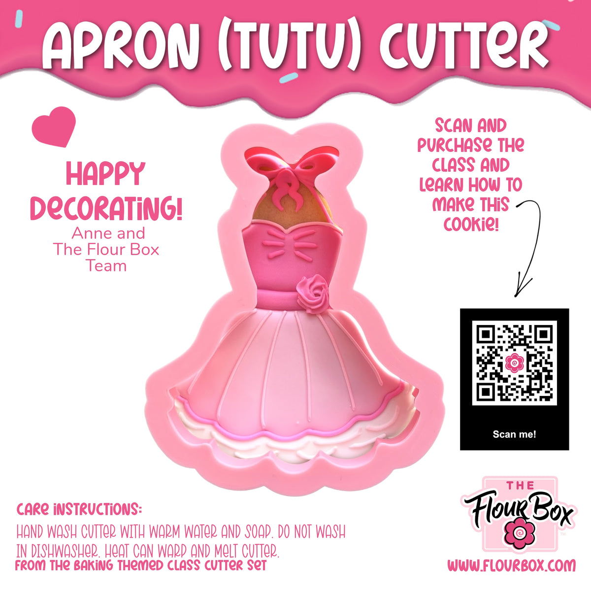 Pink silicone apron tutu cookie cutter shaped like a dress with bow and rose detail for baking use