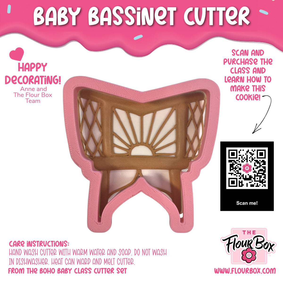 Pink and brown baby bassinet cookie cutter with lattice design for baking and fondant shaping