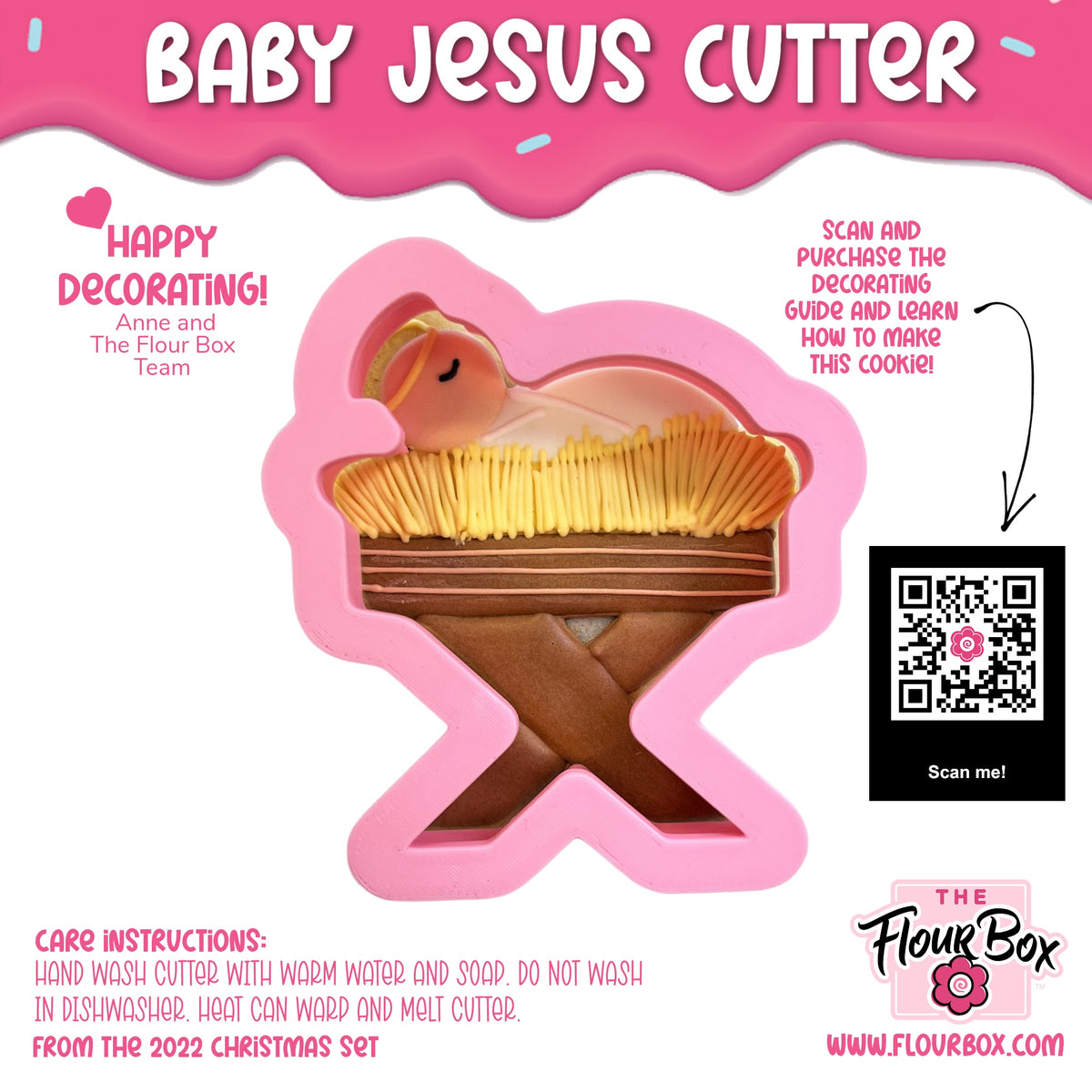 Pink silicone baby jesus cookie cutter with molded nativity scene design for holiday baking and crafts