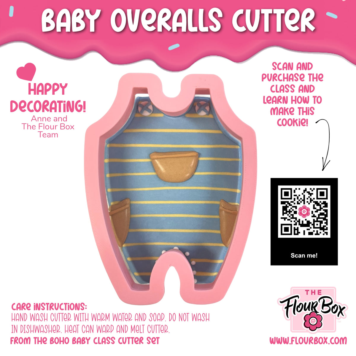 Pink silicone baby overalls cookie cutter with blue and yellow striped interior for baking and crafts