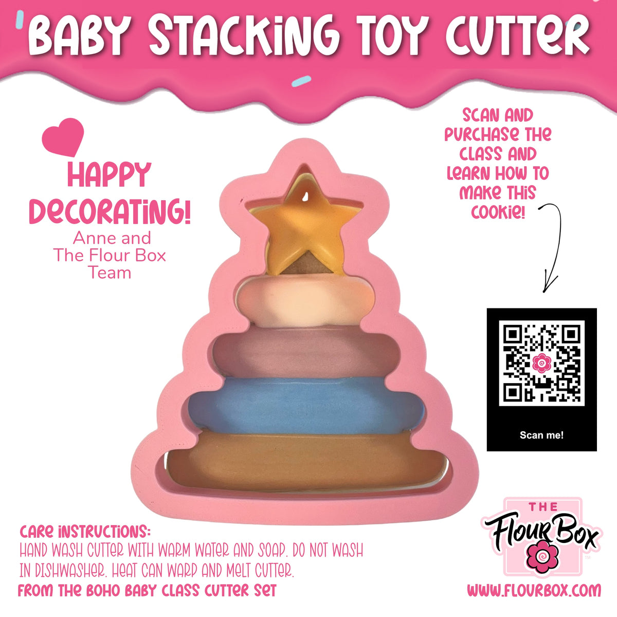 Pink silicone baby stacking toy cookie cutter shaped like a christmas tree with colorful tiers and a golden star on top