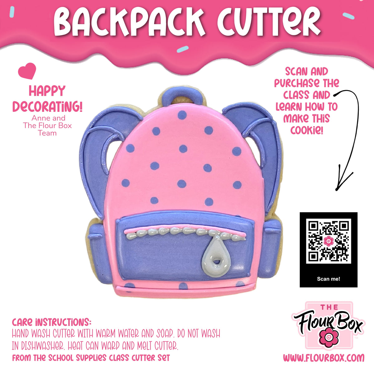 Backpack cookie cutter in pink and purple polka dots with blue straps and zipper detail for baking and crafts