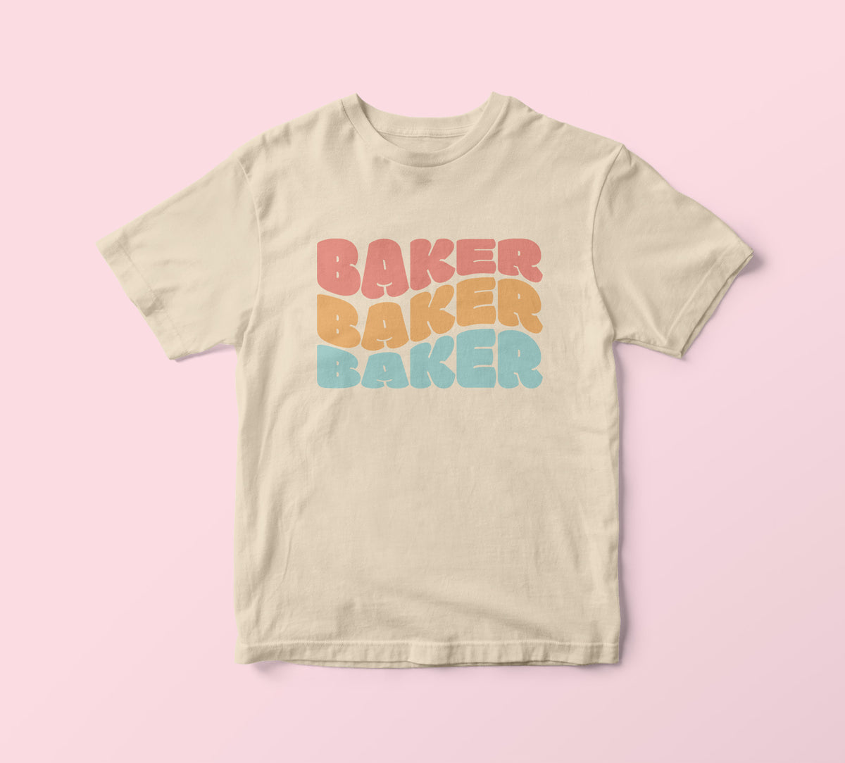 Cream-colored cotton t-shirt with stacked retro baker baker baker graphic in gradient pink orange and teal