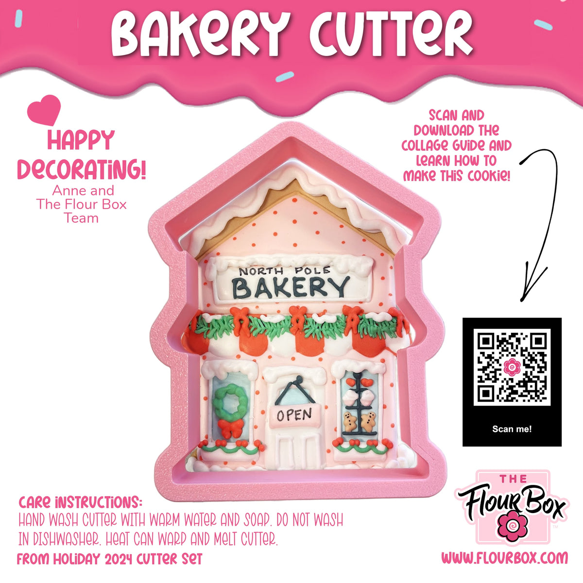 Pink silicone bakery cookie cutter shaped like a festive north pole bakery with white icing and red decorations