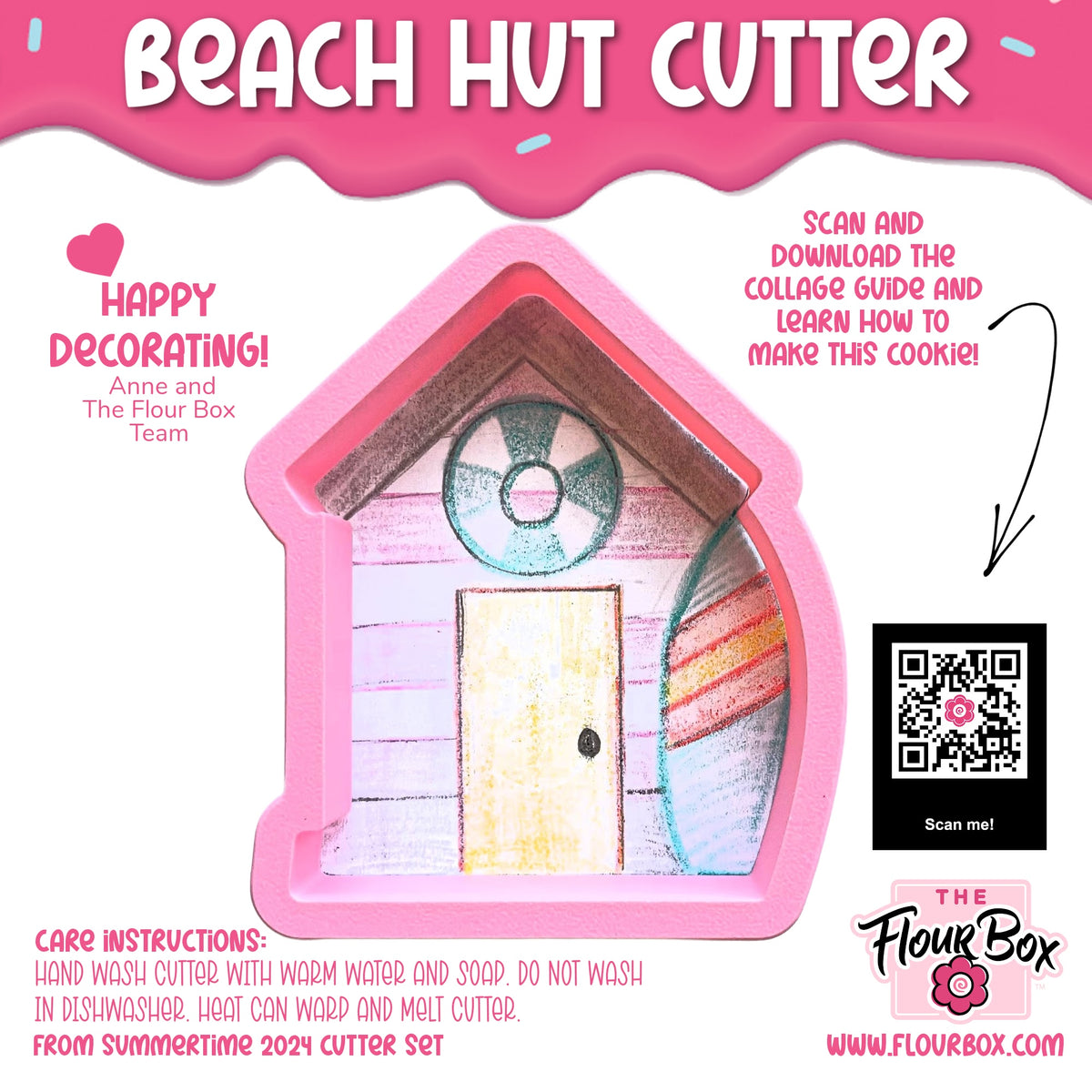 Pink silicone beach hut cookie cutter with detailed door window and striped pattern for baking and crafting