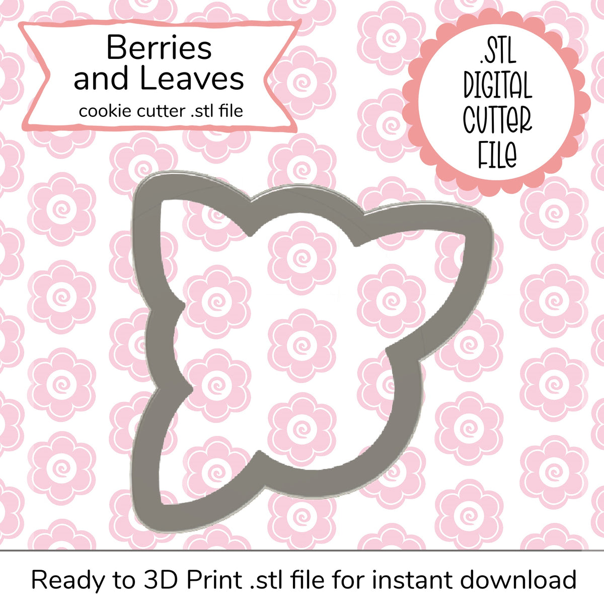 Gray metallic 3d printed cookie cutter shaped like berries and leaves titled berries with leaves small cutter STL file