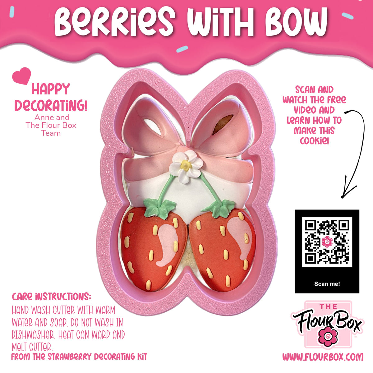 Pink butterfly-shaped silicone cookie cutter with strawberry and bow design for baking berries with bow theme