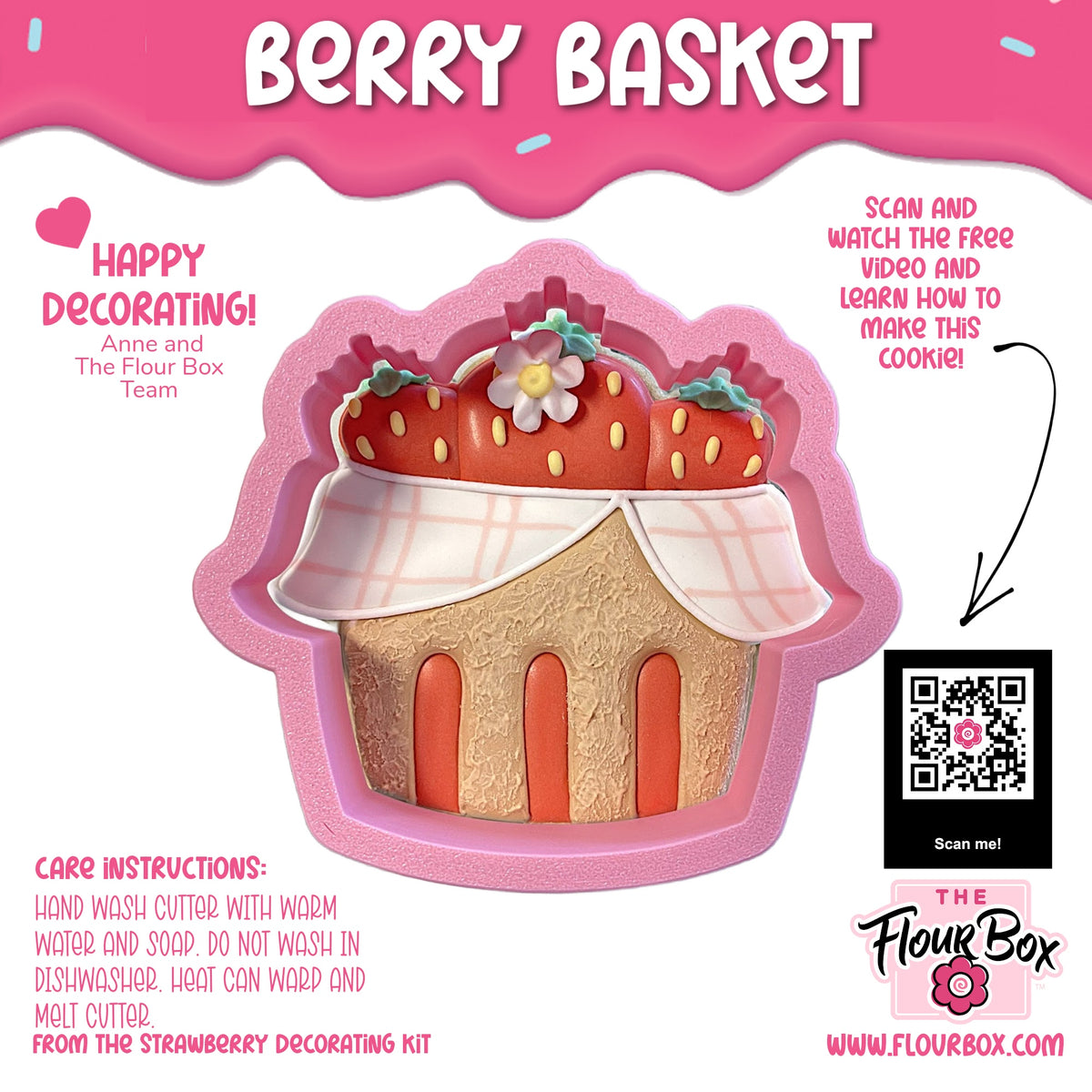 Pink silicone berry basket cookie cutter shaped like a cupcake with strawberry details and a checkered cloth top