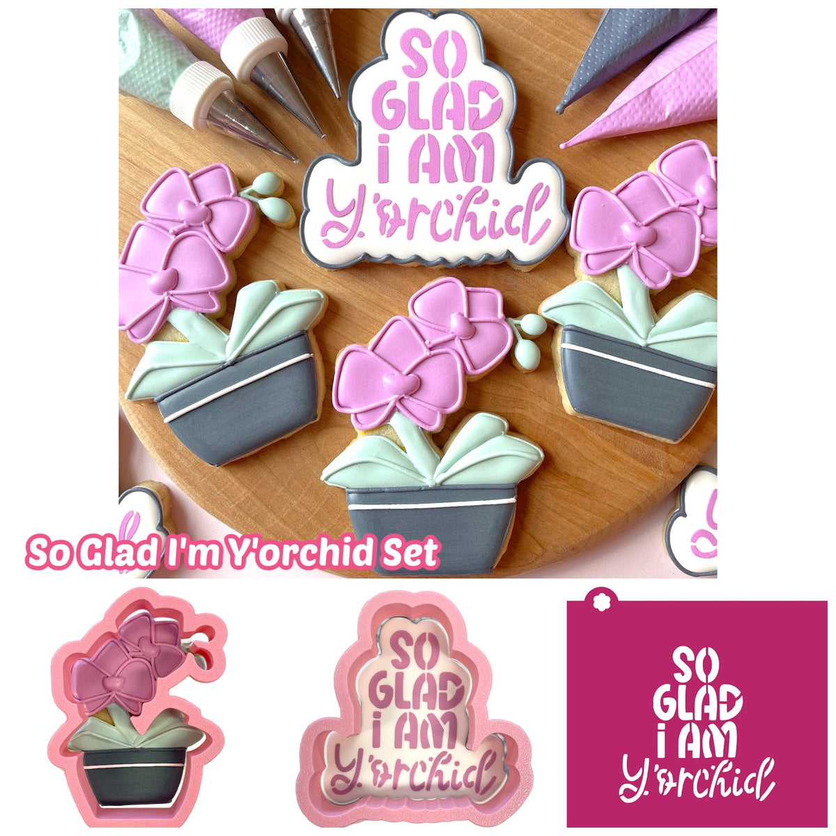 Orchid cookie cutter bundle with pink and mint green orchid-themed cutters and a gray pot stencil with pink lettering