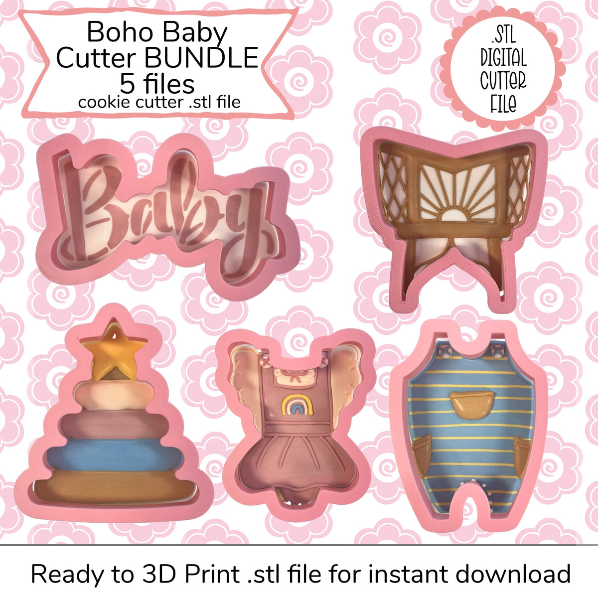 Pink boho baby themed cookie cutters featuring baby sign and outfits for online cookie decorating class recording