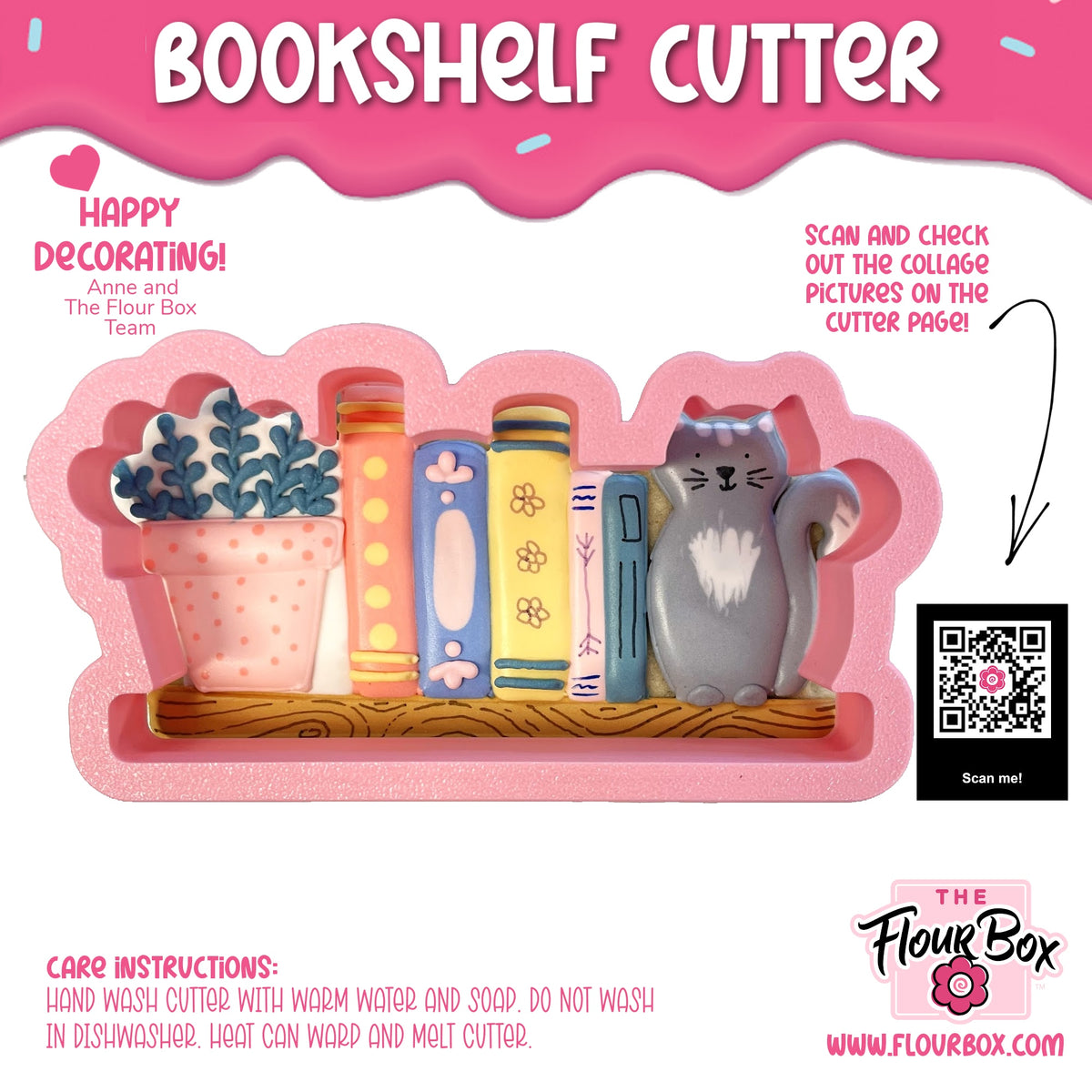 Pink silicone bookshelf cookie cutter with colorful books potted plant and gray cat figurine on display shelf