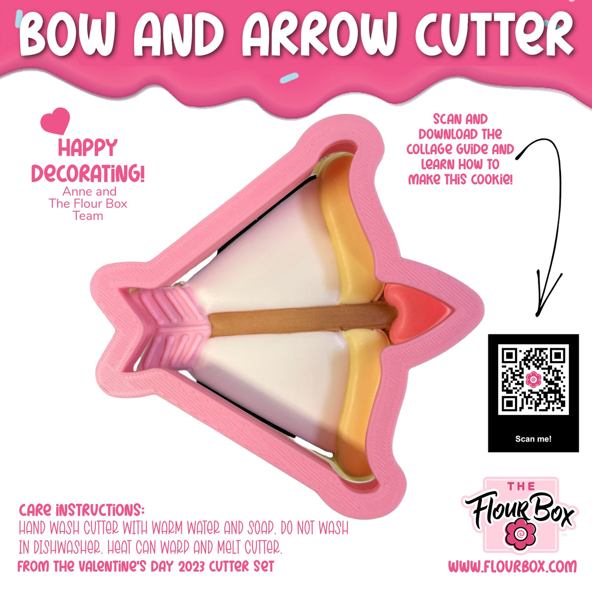 Pink plastic bow and arrow cookie cutter with white yellow and red interior design for baking and crafts