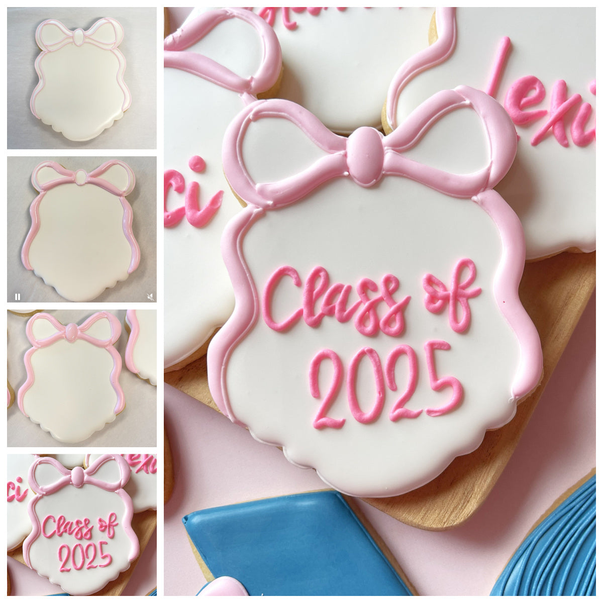 White sugar cookie shaped graduation cap with pink icing bow and class of 2025 using bow plaque cookie cutter