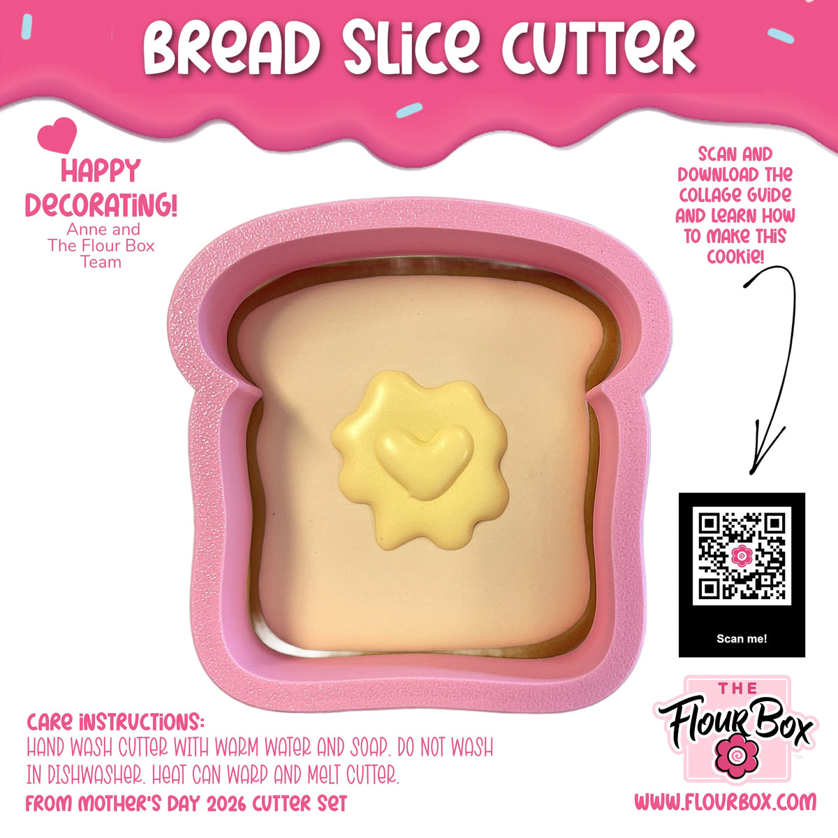 Pink silicone bread slice cookie cutter with a yellow heart-shaped butter design inside toast-shaped mold