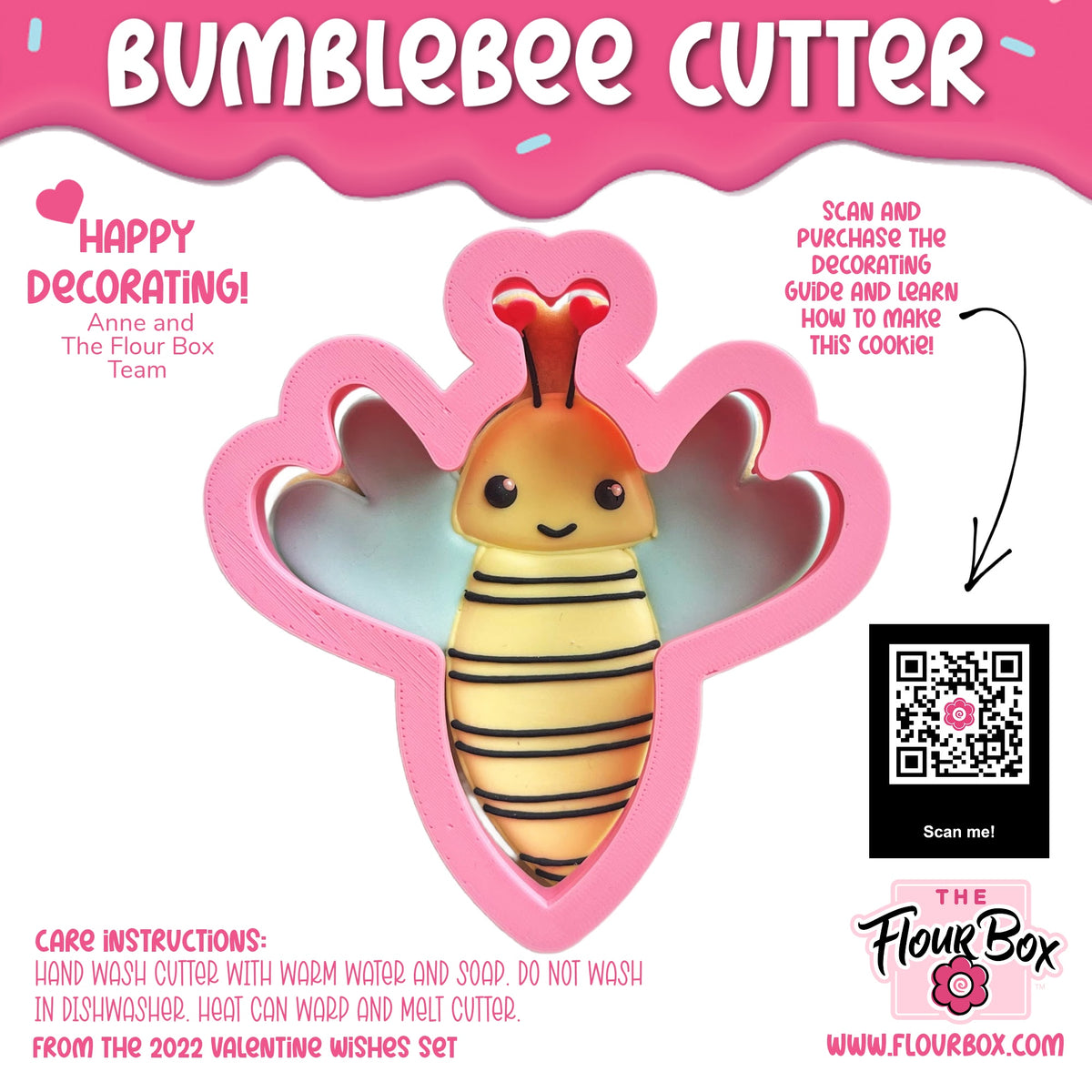 Pink plastic bumblebee cookie cutter with yellow and black striped body, red antennae, and a smiling face