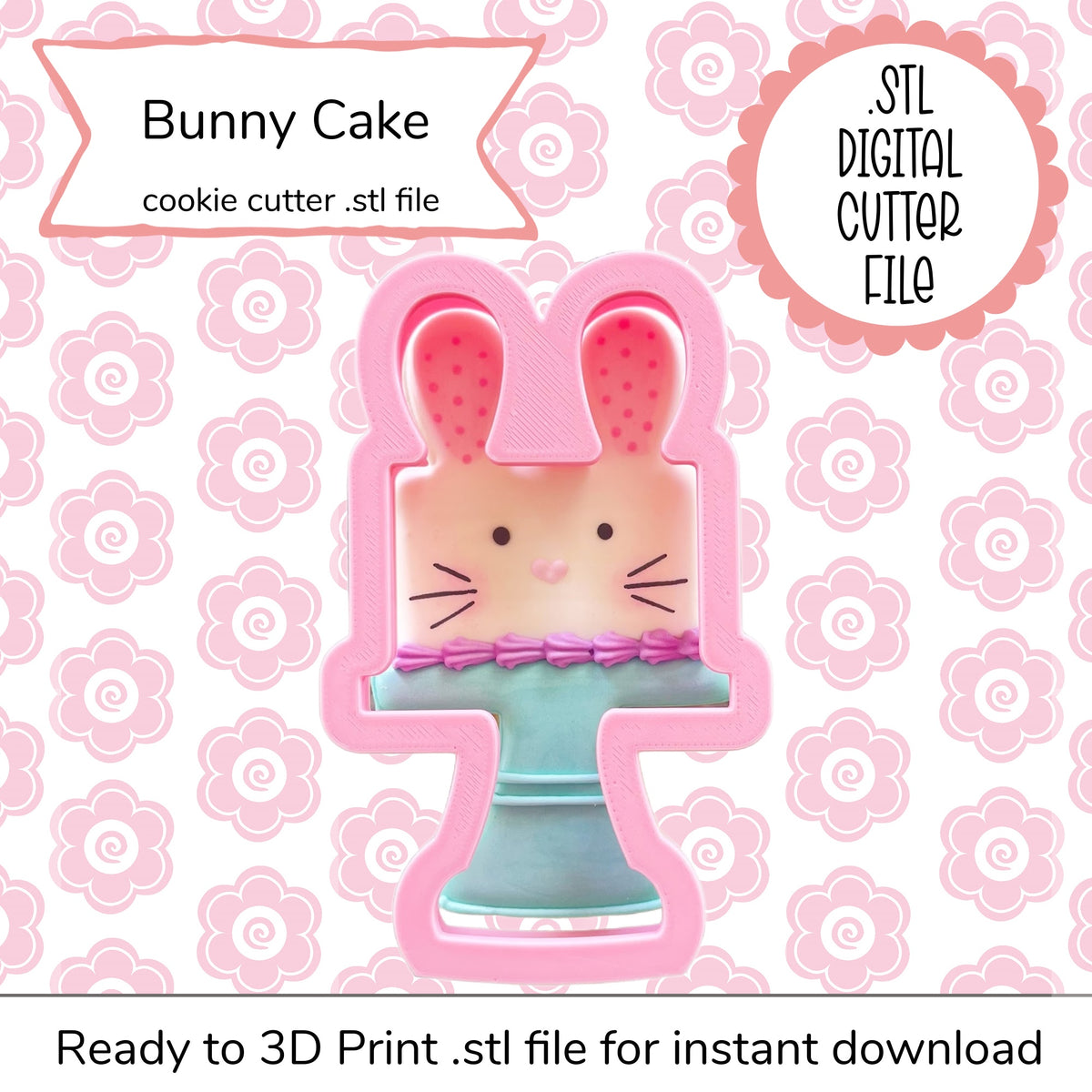 Pink bunny-shaped cookie cutter with teal cake stand base and pink polka-dotted ears bunny cake cutter STL file