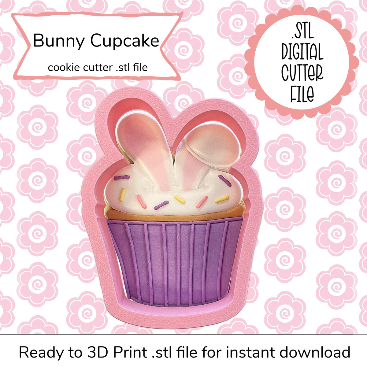 Pink bunny-shaped cupcake cutter with purple base and white frosting topped with colorful sprinkles digital file