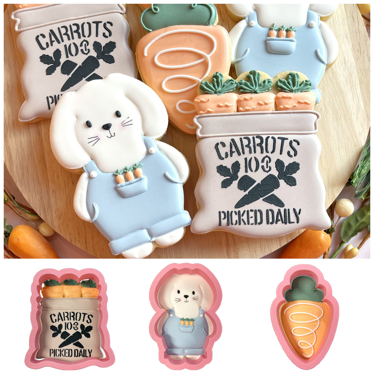 Pink silicone bunny farmer cookie cutter with blue overalls and carrot pocket from bunny farmer cookie cutter bundle with stencil