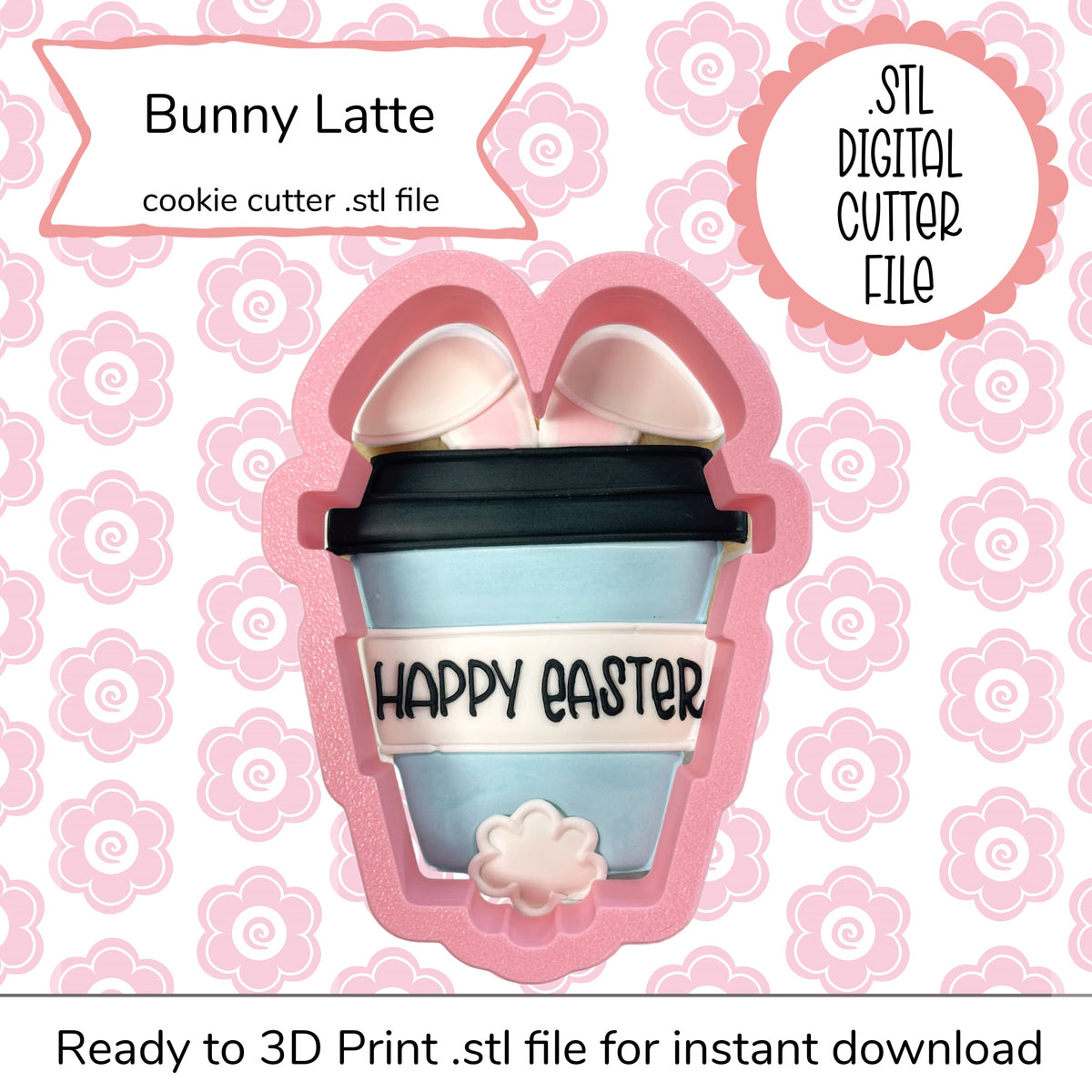 Pink bunny-shaped cookie cutter with light blue coffee cup design black lid and happy easter text for baking