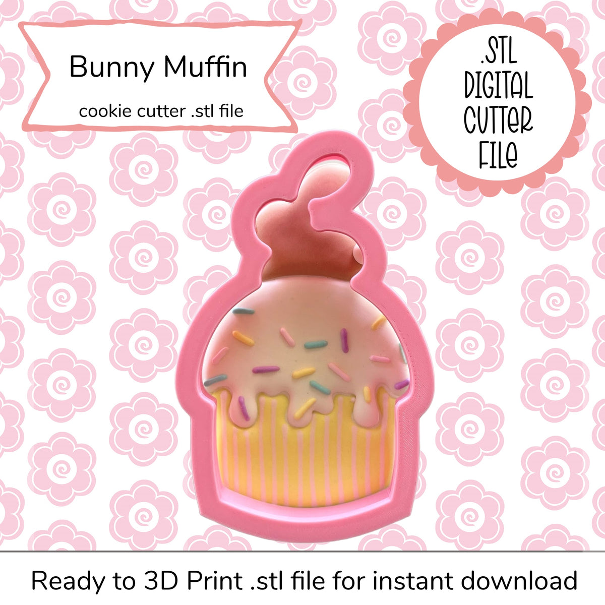 Pink plastic bunny muffin cutter with cupcake shape bunny ears and colorful sprinkles digital STL file