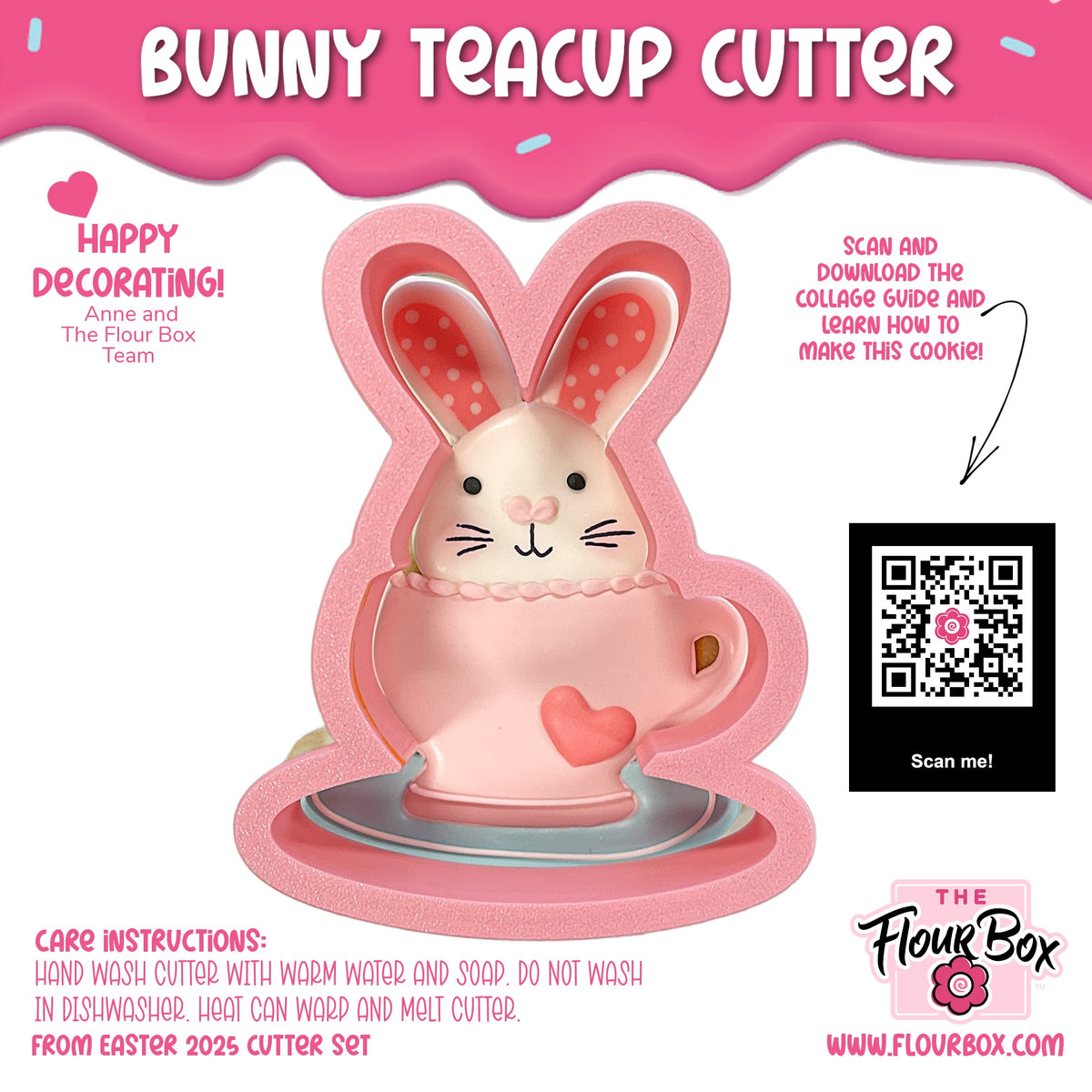 Pink bunny-shaped teacup cookie cutter with polka-dotted ears and heart detail designed by the flour box