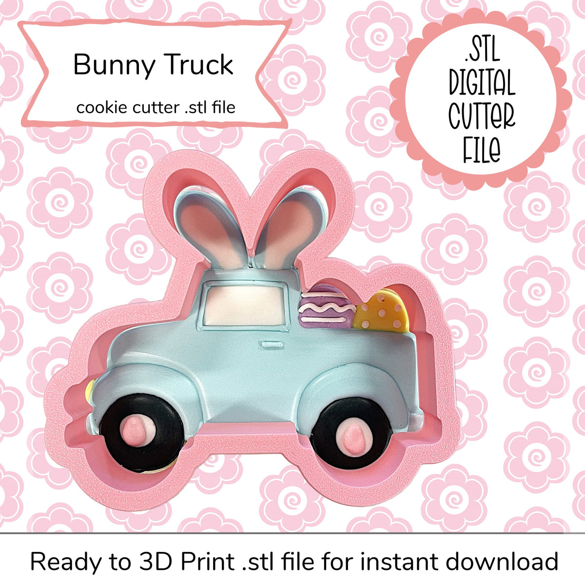 Pastel blue bunny truck cookie cutter with pink ears and black wheels designed for 3d printing digital file