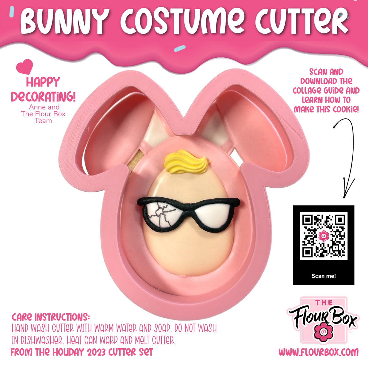 Pink bunny costume cookie cutter with molded face wearing black-rimmed glasses and yellow hair for baking use