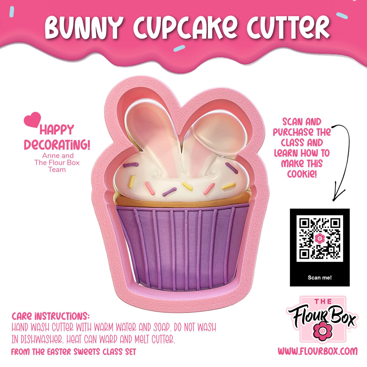 Bunny cupcake cookie cutter shaped like pink and purple bunny with ribbed sides and frosted top with colorful sprinkles