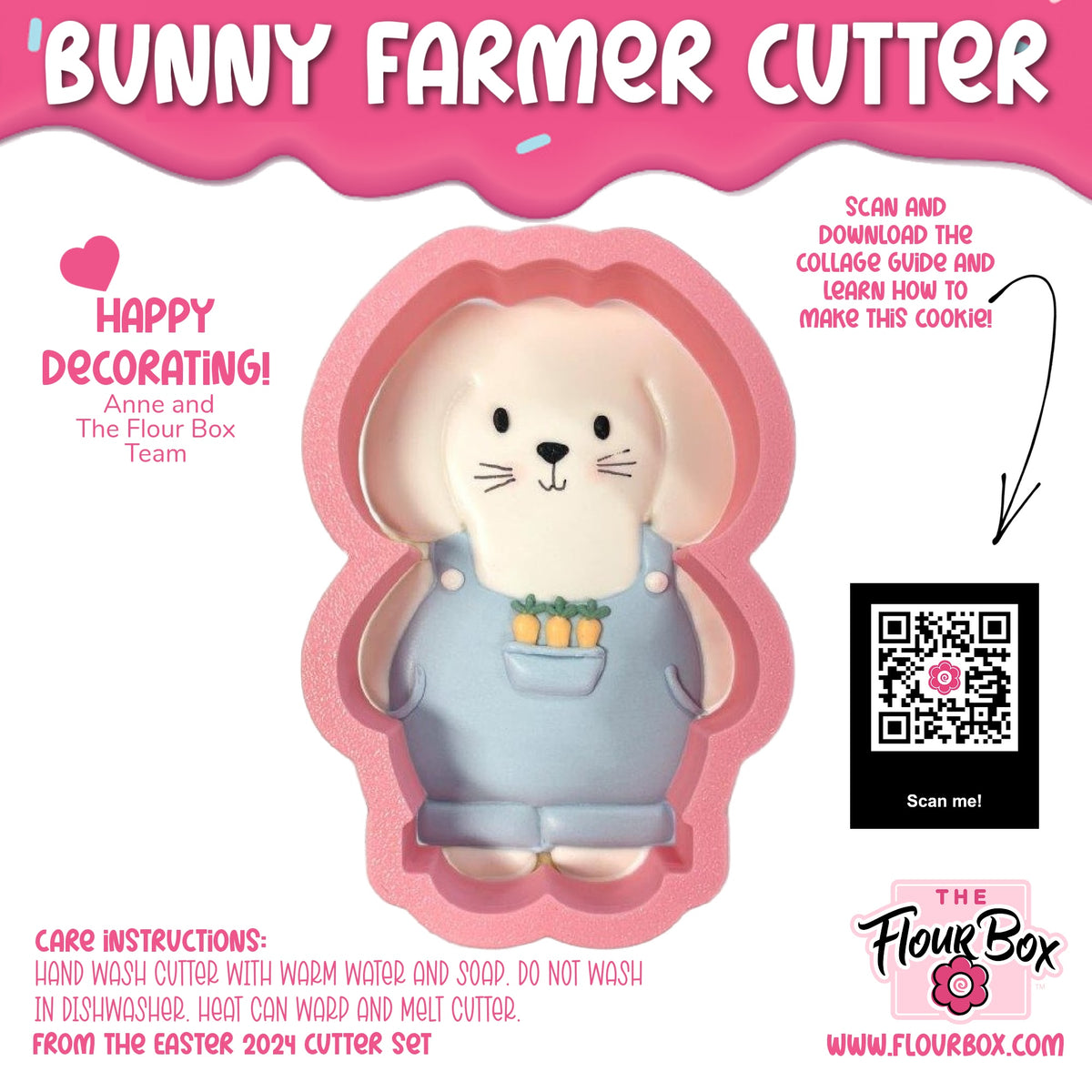 Pink silicone bunny farmer cookie cutter wearing blue overalls with a pocket holding three carrots for baking