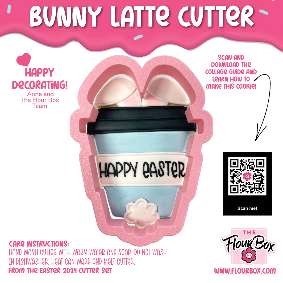 Bunny latte cookie cutter shaped like a pink bunny with a light blue coffee cup design and happy Easter text band