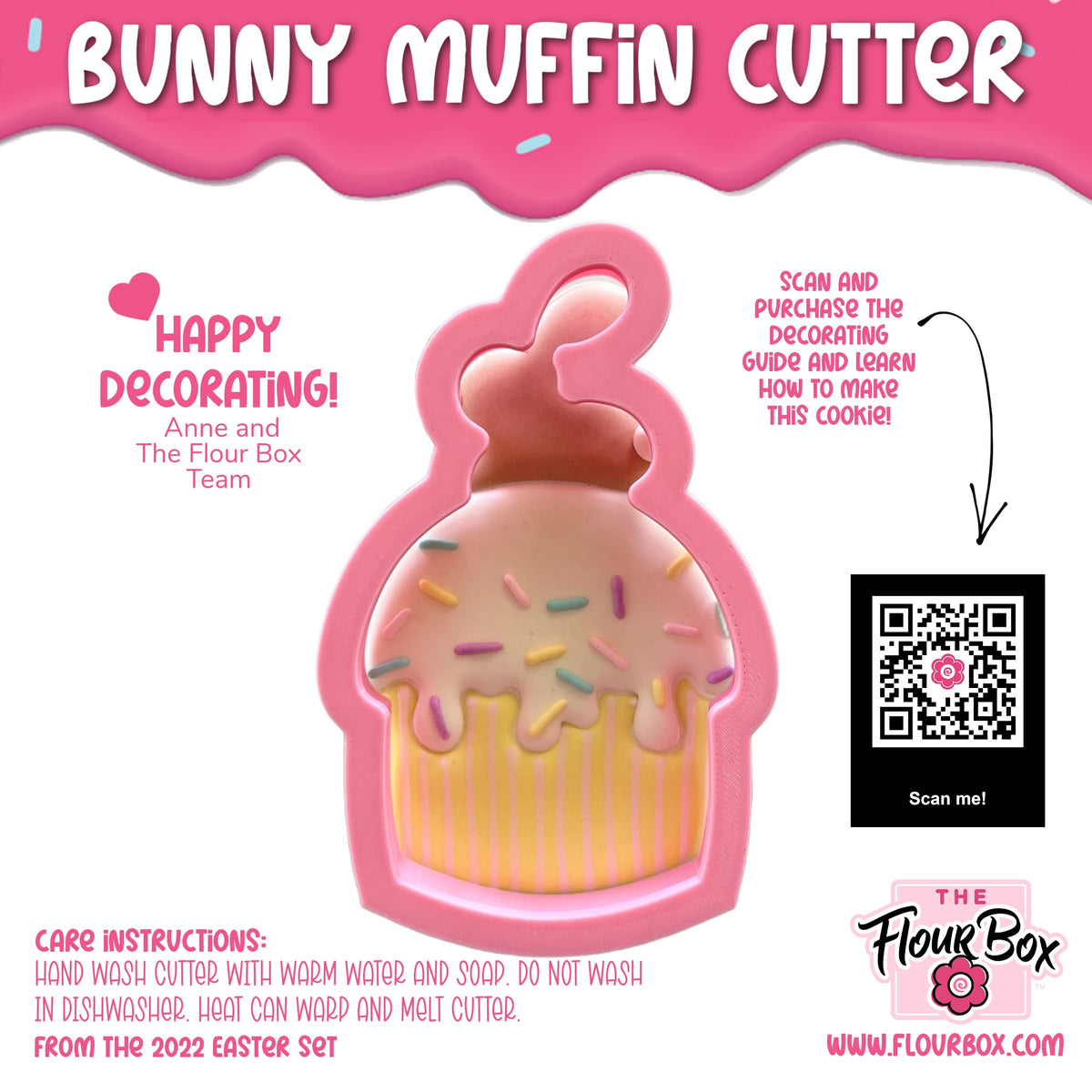 Pink silicone bunny muffin cookie cutter with colorful sprinkles on a striped yellow base for baking use