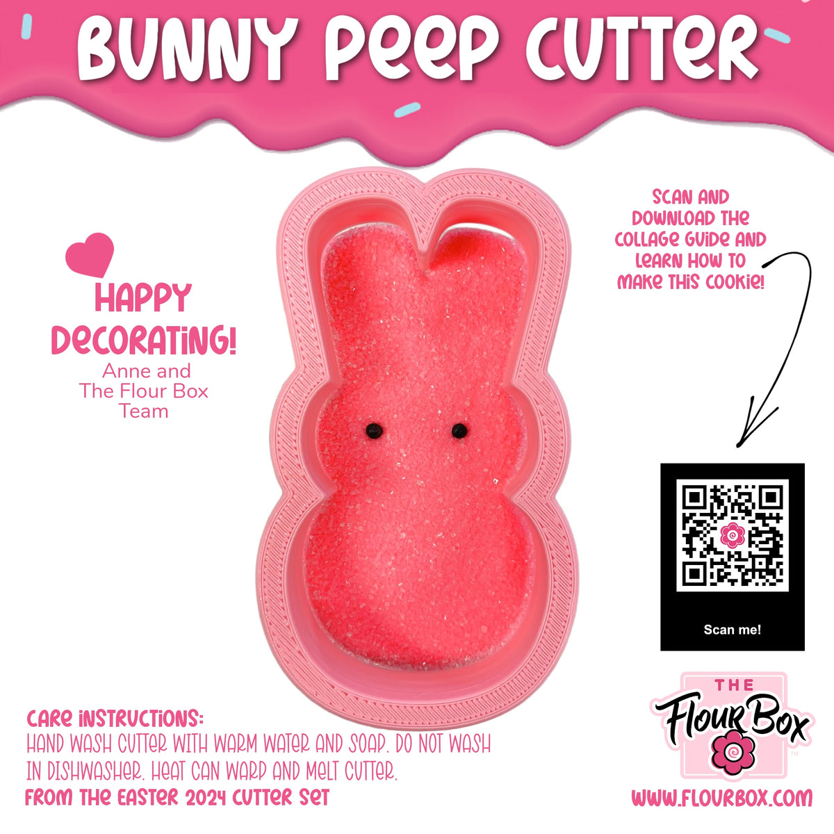 Pink bunny peep flour box cookie cutter with textured sugary surface and black dot eyes for baking use